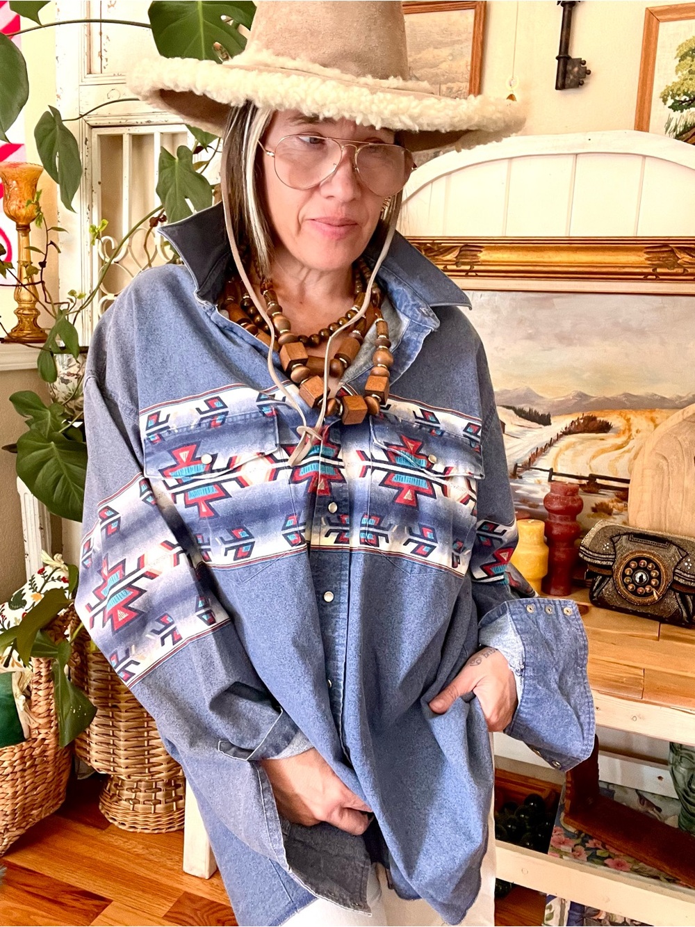 Vintage Wrangler Brushopper Denim Aztec Southwest Chambray Button Down Shirt